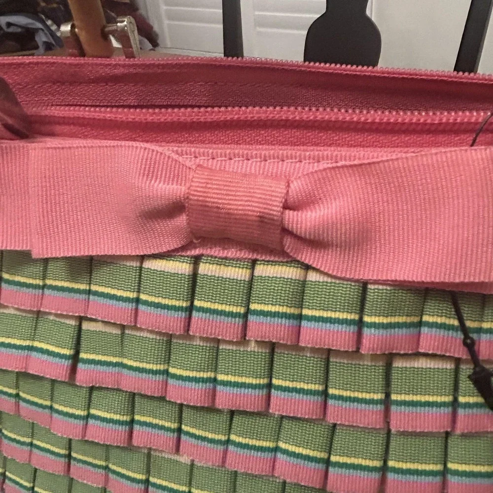 Braciano Top Handle Bag Womens Small Pink Striped Pleated Bamboo Bow Purse
